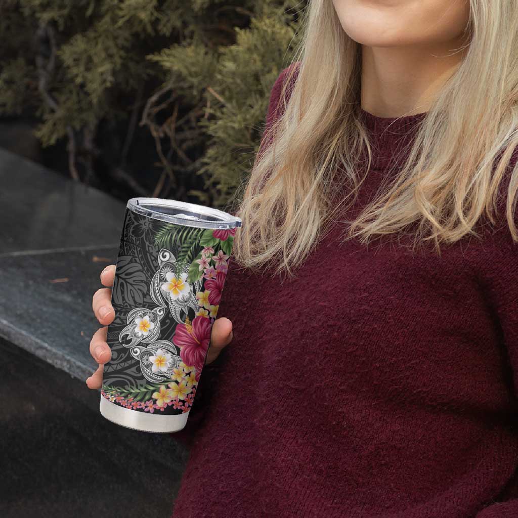 Hawaiian Tropical Flowers and Tribal Turtles Tumbler Cup Polynesian Art Motifs Black Color - Polynesian Pride