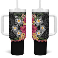 Hawaiian Tropical Flowers and Tribal Turtles Tumbler With Handle Polynesian Art Motifs Black Color - Polynesian Pride