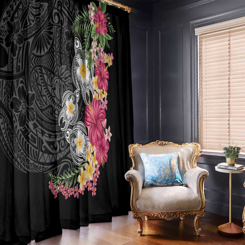 Hawaiian Tropical Flowers and Tribal Turtles Window Curtain Polynesian Art Motifs Black Color - Polynesian Pride