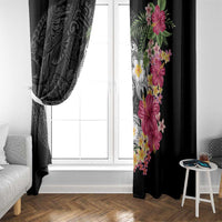 Hawaiian Tropical Flowers and Tribal Turtles Window Curtain Polynesian Art Motifs Black Color - Polynesian Pride