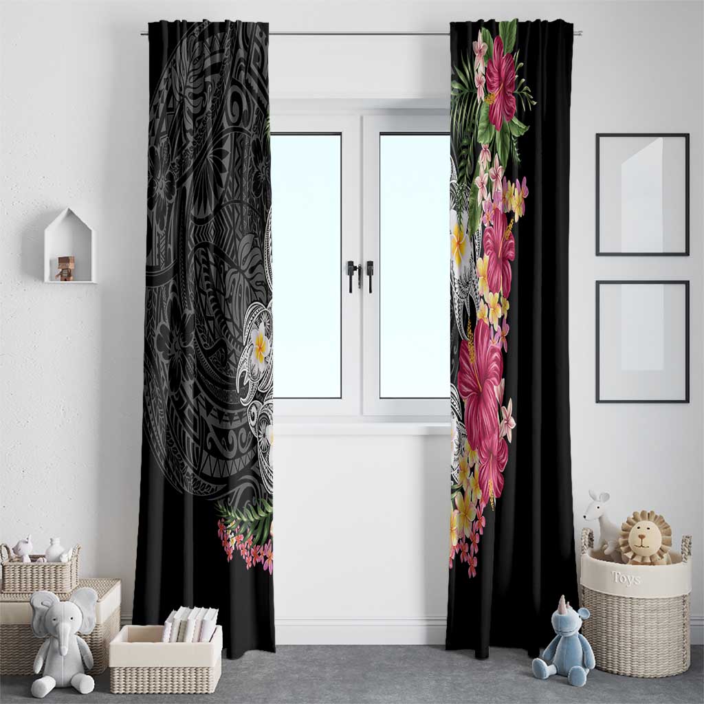 Hawaiian Tropical Flowers and Tribal Turtles Window Curtain Polynesian Art Motifs Black Color - Polynesian Pride