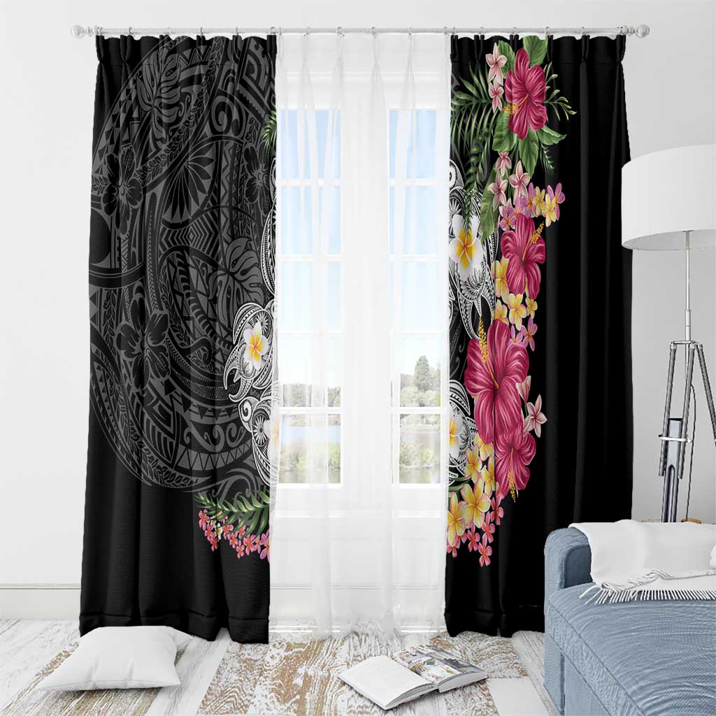 Hawaiian Tropical Flowers and Tribal Turtles Window Curtain Polynesian Art Motifs Black Color - Polynesian Pride
