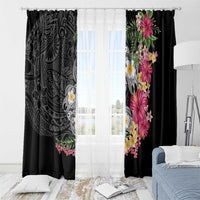 Hawaiian Tropical Flowers and Tribal Turtles Window Curtain Polynesian Art Motifs Black Color - Polynesian Pride