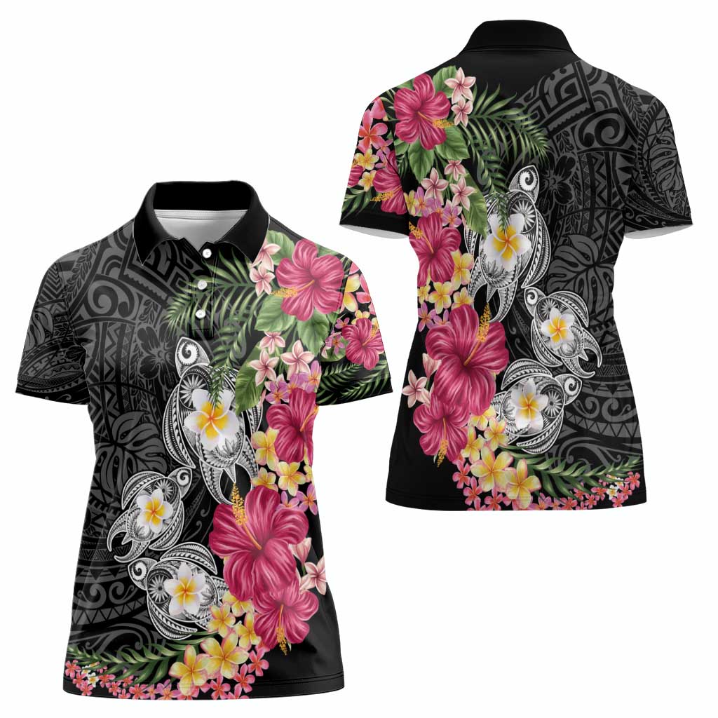 Hawaiian Tropical Flowers and Tribal Turtles Women Polo Shirt Polynesian Art Motifs Black Color - Polynesian Pride