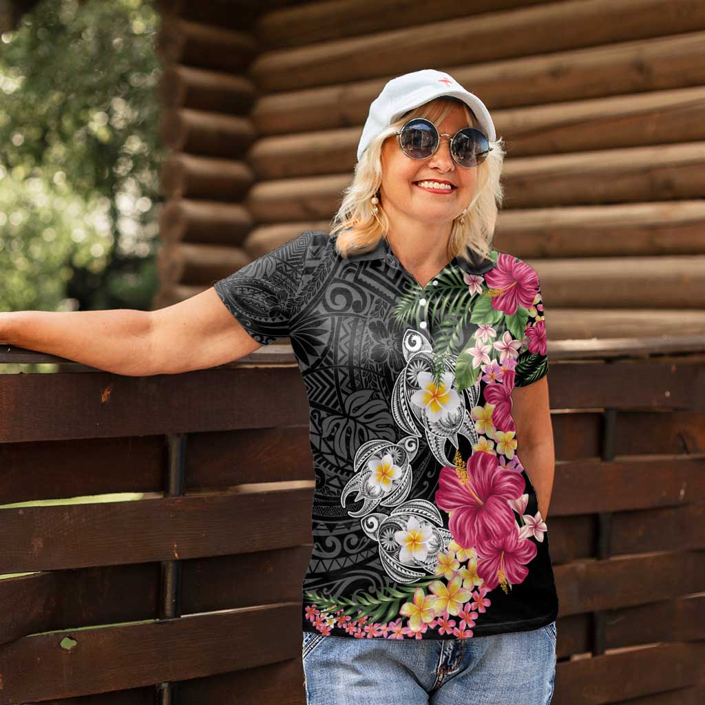 Hawaiian Tropical Flowers and Tribal Turtles Women Polo Shirt Polynesian Art Motifs Black Color - Polynesian Pride
