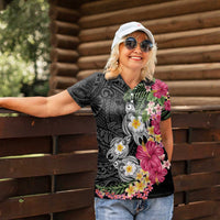 Hawaiian Tropical Flowers and Tribal Turtles Women Polo Shirt Polynesian Art Motifs Black Color - Polynesian Pride