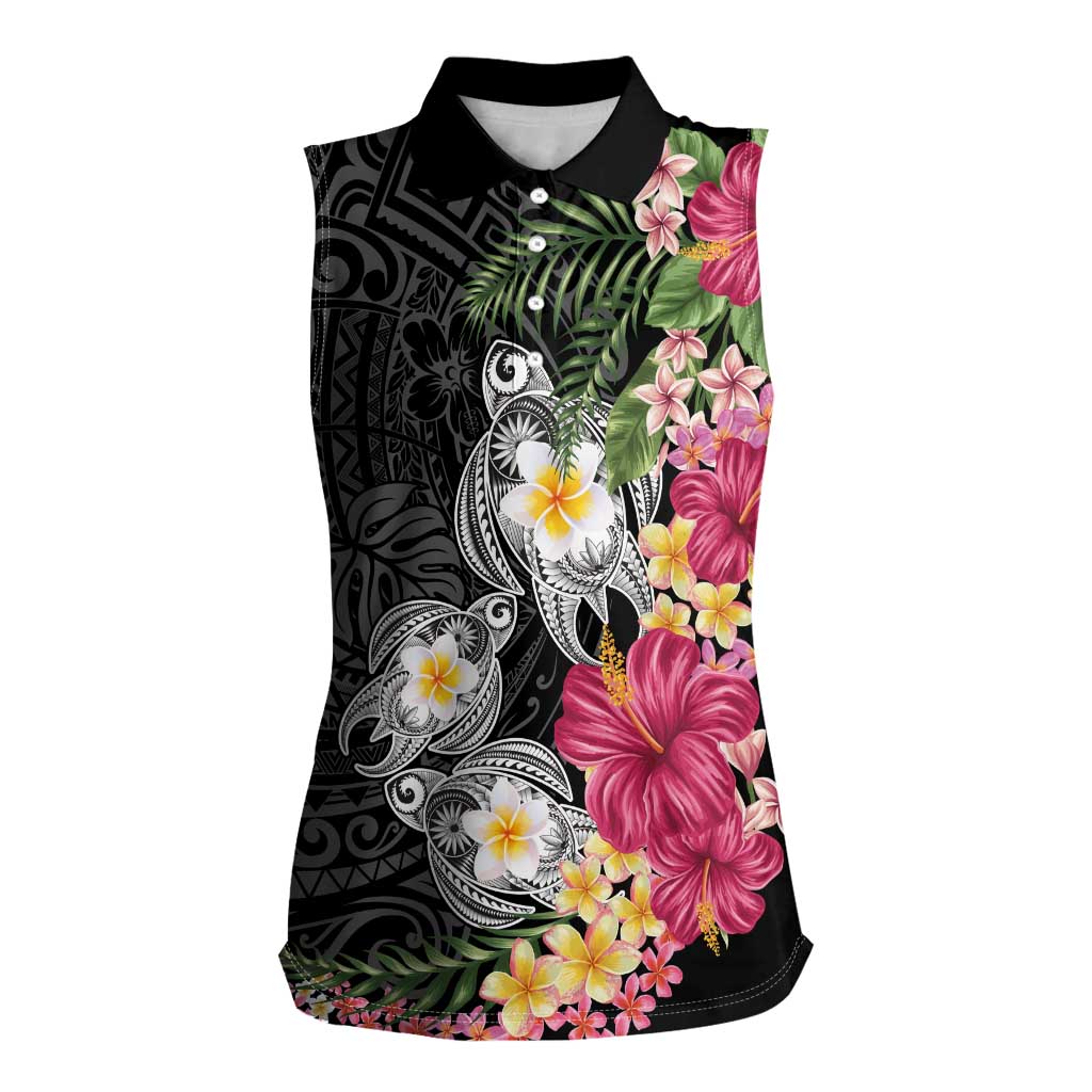 Hawaiian Tropical Flowers and Tribal Turtles Women Sleeveless Polo Shirt Polynesian Art Motifs Black Color LT03 Female Black - Polynesian Pride