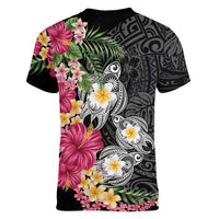 Hawaiian Tropical Flowers and Tribal Turtles Women V-Neck T-Shirt Polynesian Art Motifs Black Color - Polynesian Pride