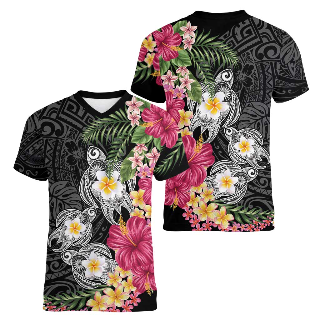 Hawaiian Tropical Flowers and Tribal Turtles Women V-Neck T-Shirt Polynesian Art Motifs Black Color - Polynesian Pride