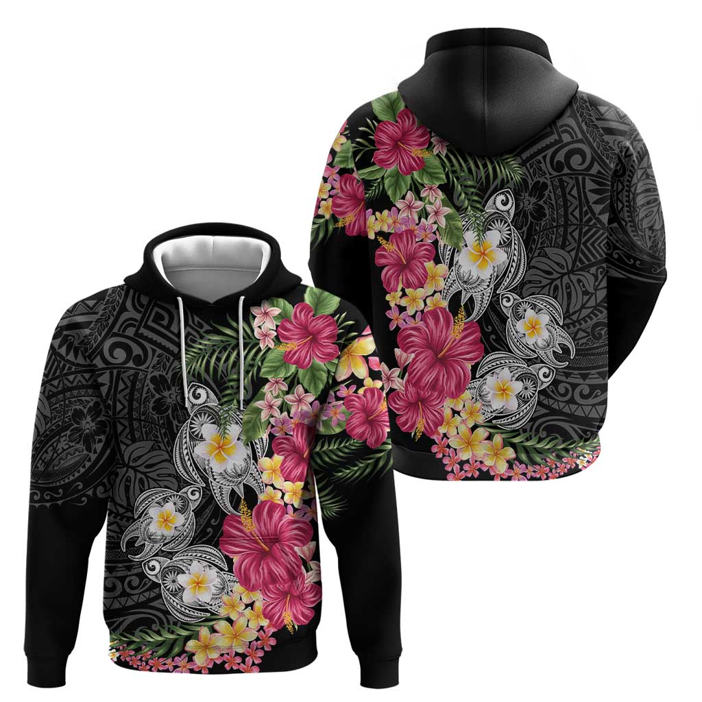 Hawaiian Tropical Flowers and Tribal Turtles Zip Hoodie Polynesian Art Motifs Black Color - Polynesian Pride
