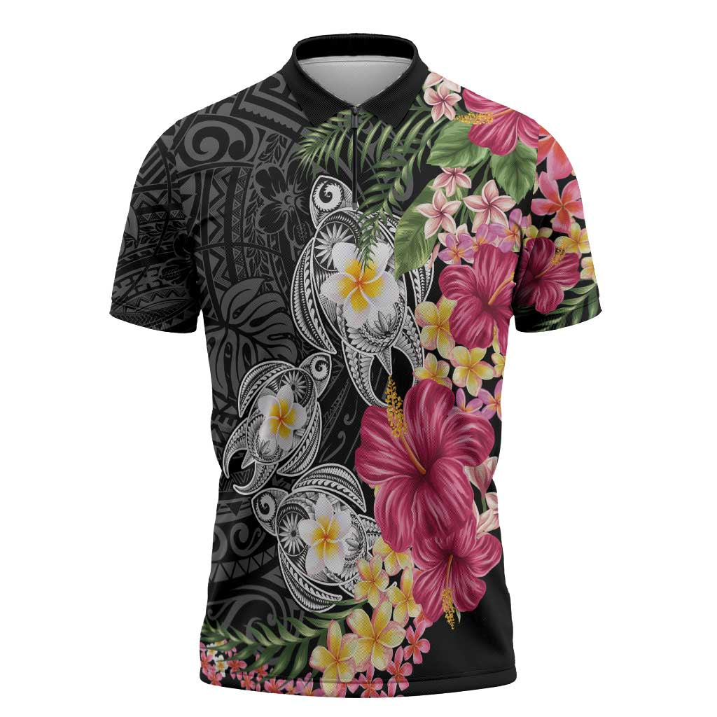 Hawaiian Tropical Flowers and Tribal Turtles Zipper Polo Shirt Polynesian Art Motifs Black Color - Polynesian Pride