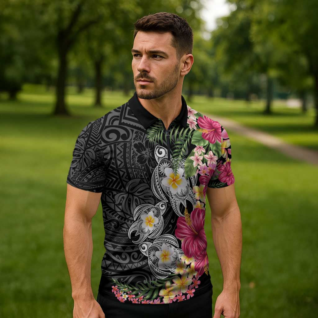 Hawaiian Tropical Flowers and Tribal Turtles Zipper Polo Shirt Polynesian Art Motifs Black Color - Polynesian Pride