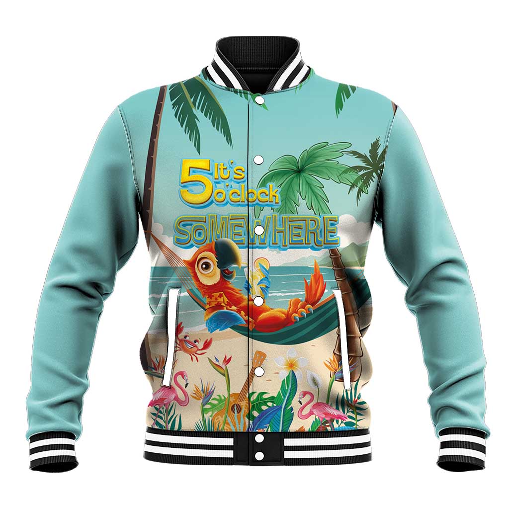Aloha Hawaii It's 5 o'clock Somewhere Baseball Jacket Chill Parrot on Beach with Tropical Plants LT03 Unisex Multicolor - Polynesian Pride