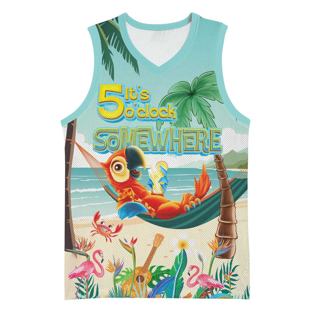 Aloha Hawaii It's 5 o'clock Somewhere Basketball Jersey Chill Parrot on Beach with Tropical Plants LT03 Unisex Multicolor - Polynesian Pride