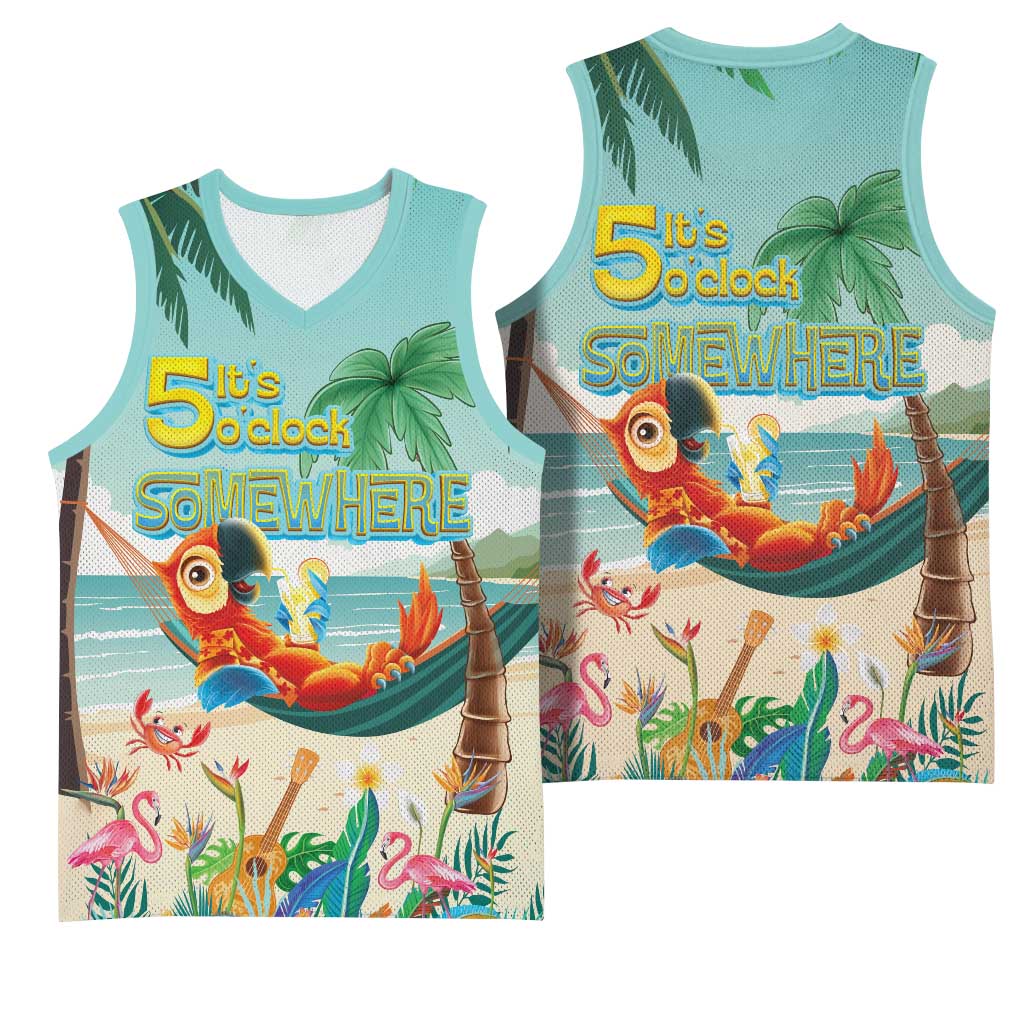 Aloha Hawaii It's 5 o'clock Somewhere Basketball Jersey Chill Parrot on Beach with Tropical Plants LT03 - Polynesian Pride