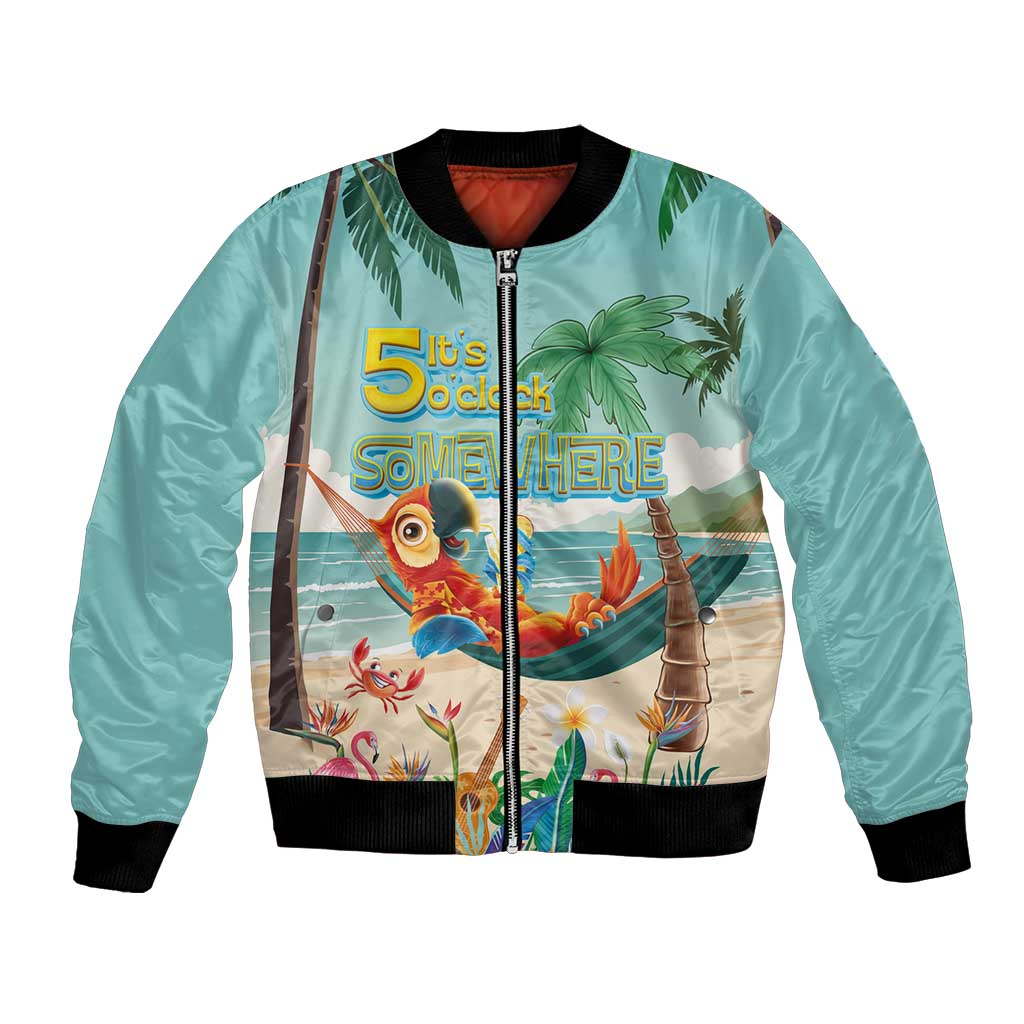 Aloha Hawaii It's 5 o'clock Somewhere Bomber Jacket Chill Parrot on Beach with Tropical Plants LT03 Unisex Multicolor - Polynesian Pride
