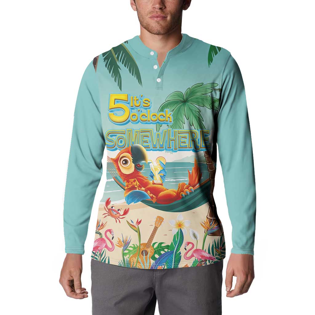 Aloha Hawaii It's 5 o'clock Somewhere Button Sweatshirt Chill Parrot on Beach with Tropical Plants LT03 - Polynesian Pride