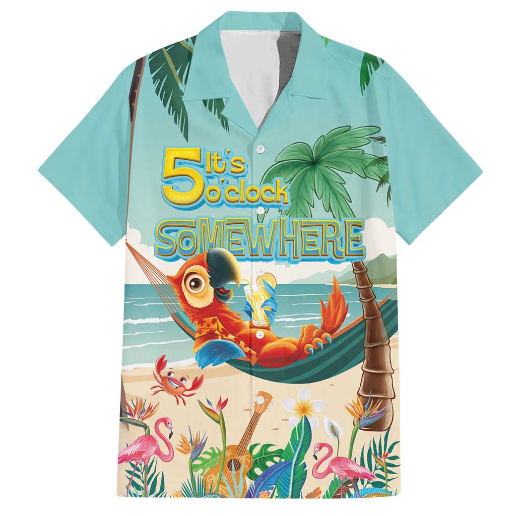 Aloha Hawaii It's 5 o'clock Somewhere Hawaiian Shirt Chill Parrot on Beach with Tropical Plants - Polynesian Pride