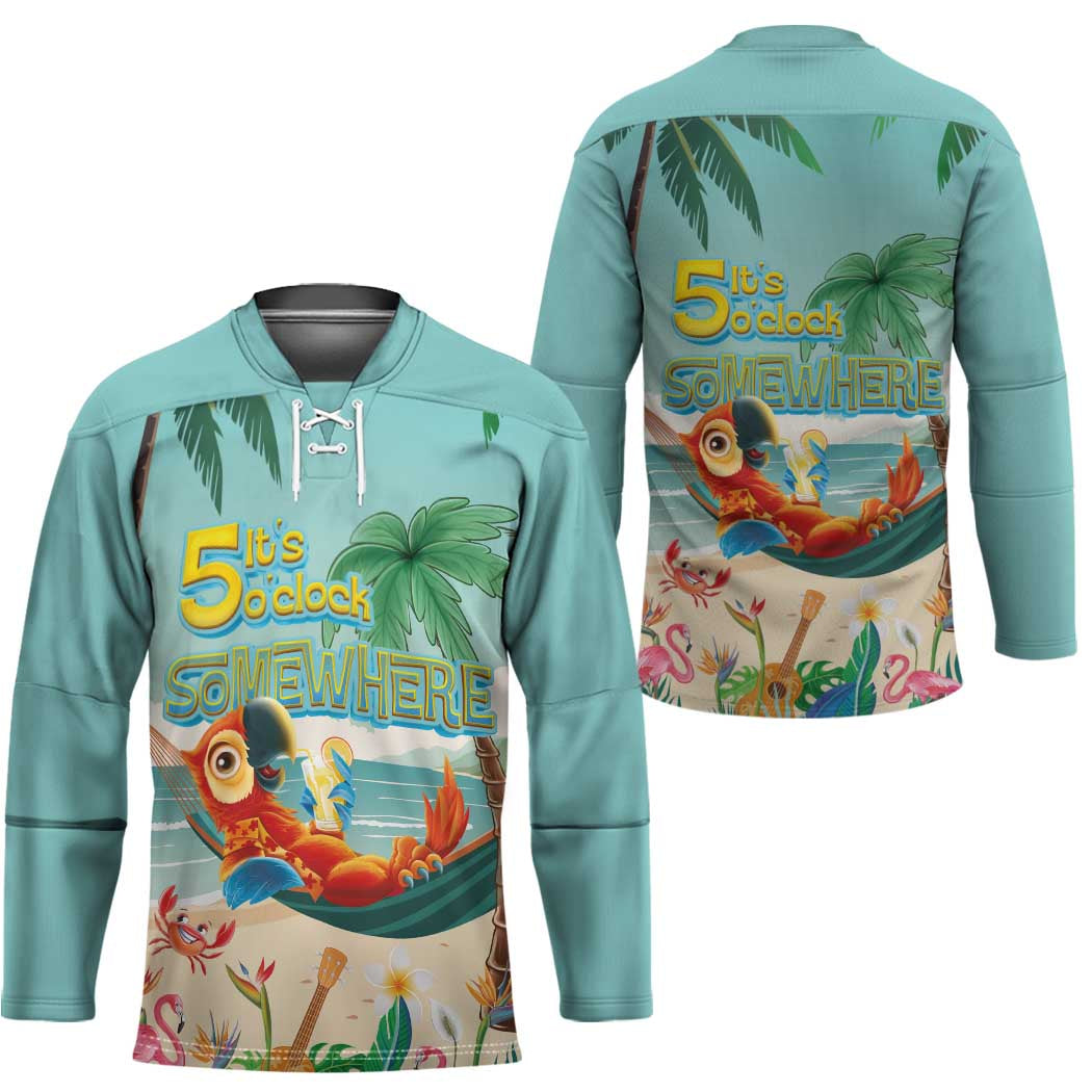 Aloha Hawaii It's 5 o'clock Somewhere Hockey Jersey Chill Parrot on Beach with Tropical Plants - Polynesian Pride