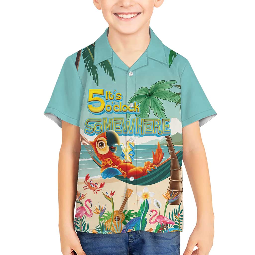 Aloha Hawaii It's 5 o'clock Somewhere Kid Hawaiian Shirt Chill Parrot on Beach with Tropical Plants - Polynesian Pride