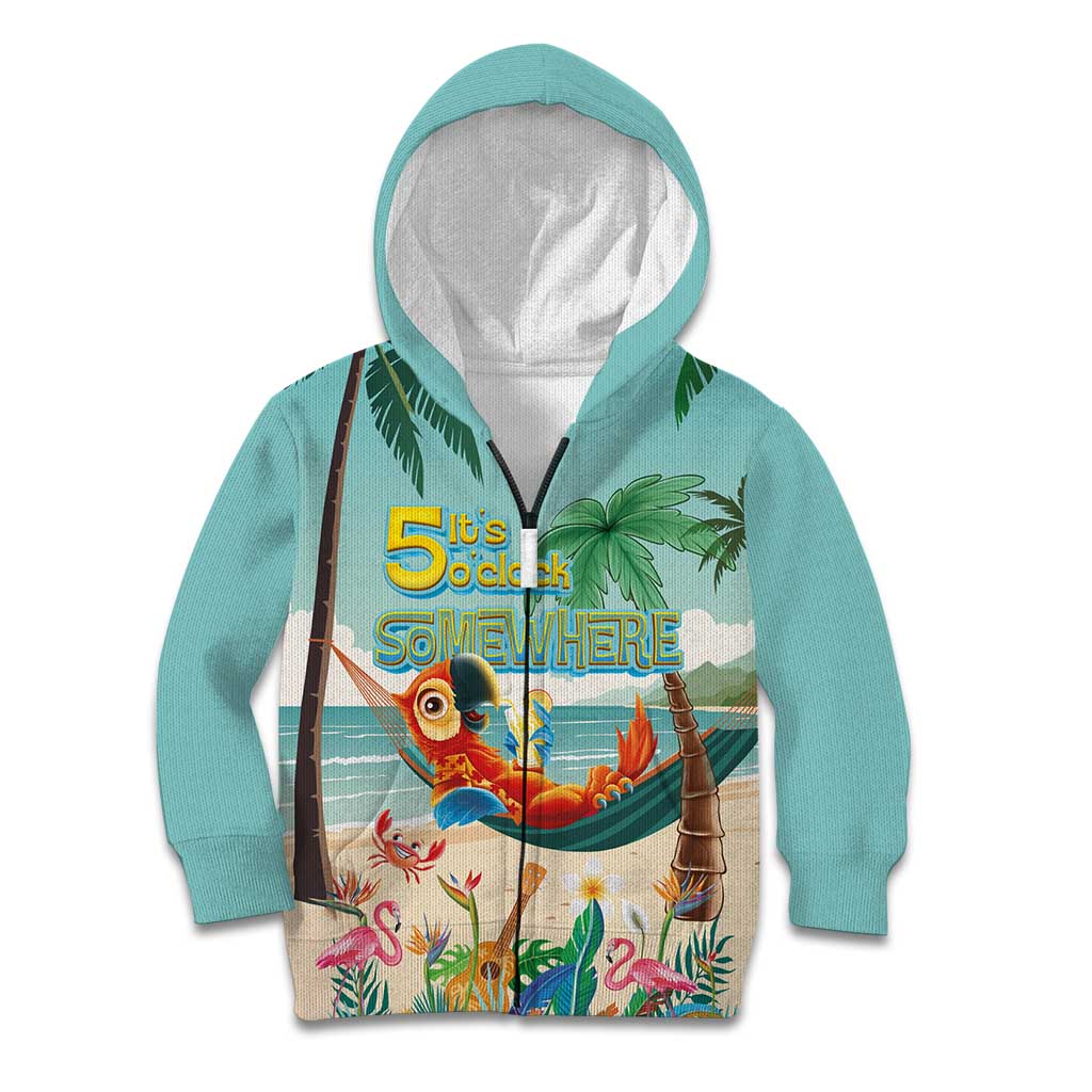Aloha Hawaii It's 5 o'clock Somewhere Kid Hoodie Chill Parrot on Beach with Tropical Plants - Polynesian Pride