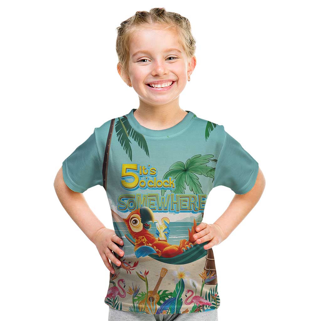 Aloha Hawaii It's 5 o'clock Somewhere Kid T Shirt Chill Parrot on Beach with Tropical Plants - Polynesian Pride