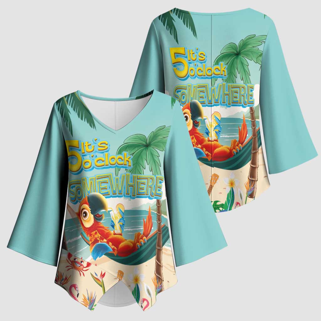 Aloha Hawaii It's 5 o'clock Somewhere Kimono Sleeve Blouse Chill Parrot on Beach with Tropical Plants LT03 - Polynesian Pride