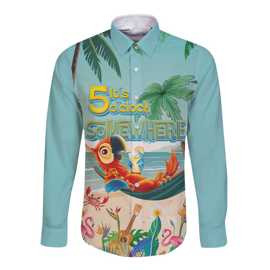 Aloha Hawaii It's 5 o'clock Somewhere Long Sleeve Button Shirt Chill Parrot on Beach with Tropical Plants LT03 Unisex Multicolor - Polynesian Pride