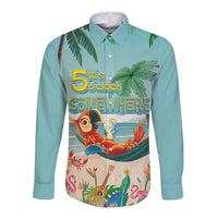 Aloha Hawaii It's 5 o'clock Somewhere Long Sleeve Button Shirt Chill Parrot on Beach with Tropical Plants LT03 Unisex Multicolor - Polynesian Pride