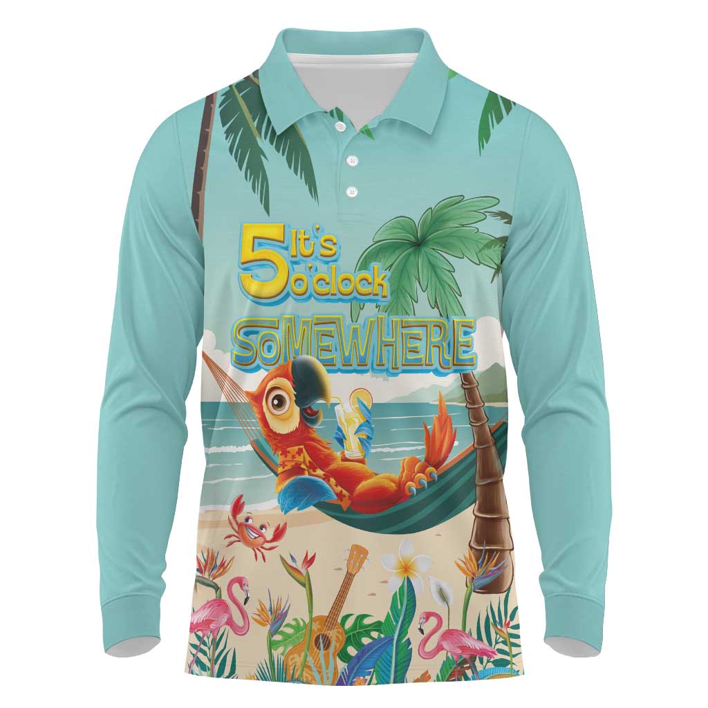 Aloha Hawaii It's 5 o'clock Somewhere Long Sleeve Polo Shirt Chill Parrot on Beach with Tropical Plants LT03 Multicolor - Polynesian Pride