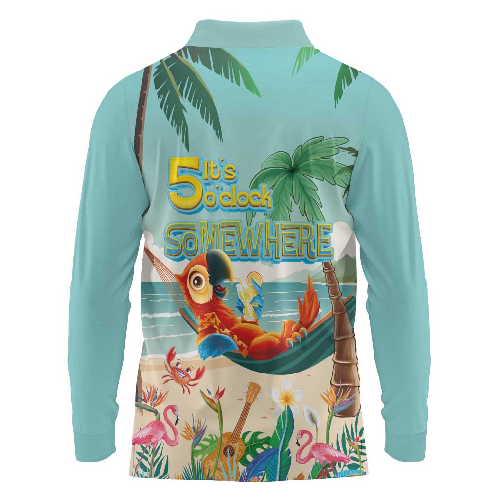 Aloha Hawaii It's 5 o'clock Somewhere Long Sleeve Polo Shirt Chill Parrot on Beach with Tropical Plants LT03 - Polynesian Pride