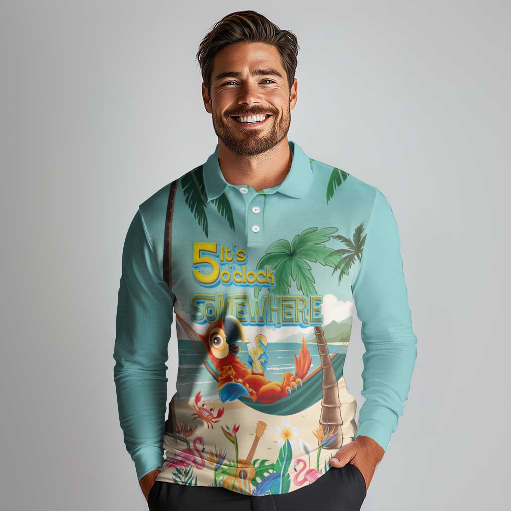 Aloha Hawaii It's 5 o'clock Somewhere Long Sleeve Polo Shirt Chill Parrot on Beach with Tropical Plants LT03 - Polynesian Pride
