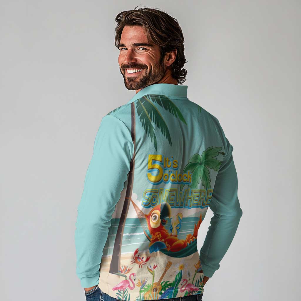 Aloha Hawaii It's 5 o'clock Somewhere Long Sleeve Polo Shirt Chill Parrot on Beach with Tropical Plants LT03 - Polynesian Pride