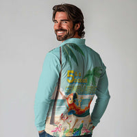 Aloha Hawaii It's 5 o'clock Somewhere Long Sleeve Polo Shirt Chill Parrot on Beach with Tropical Plants LT03 - Polynesian Pride