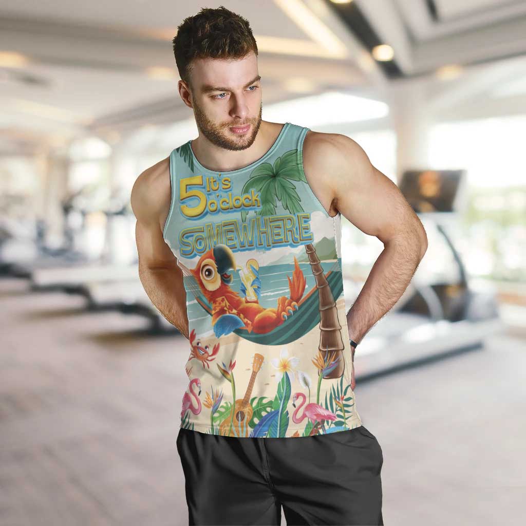 Aloha Hawaii It's 5 o'clock Somewhere Men Tank Top Chill Parrot on Beach with Tropical Plants LT03 Multicolor - Polynesian Pride