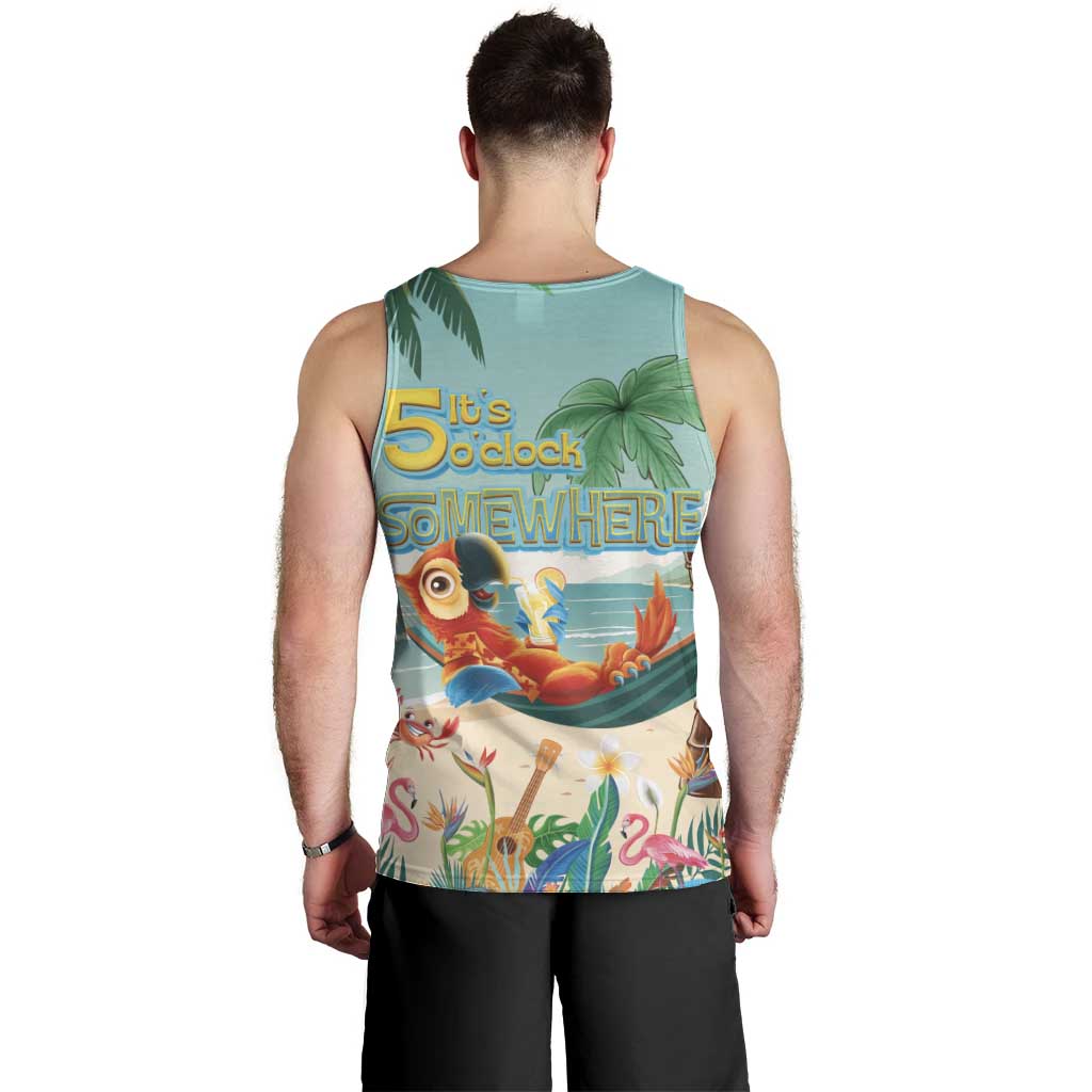Aloha Hawaii It's 5 o'clock Somewhere Men Tank Top Chill Parrot on Beach with Tropical Plants LT03 - Polynesian Pride