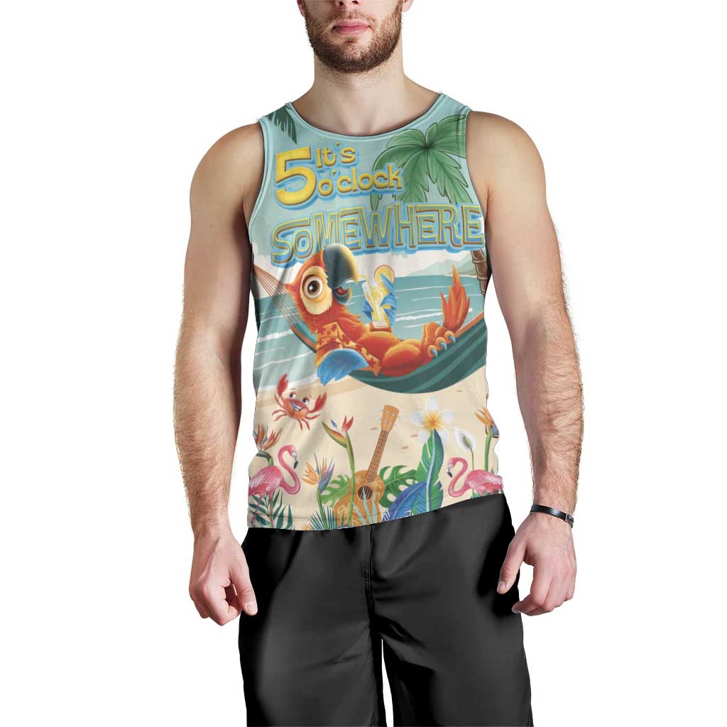 Aloha Hawaii It's 5 o'clock Somewhere Men Tank Top Chill Parrot on Beach with Tropical Plants LT03 - Polynesian Pride