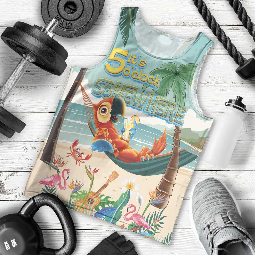 Aloha Hawaii It's 5 o'clock Somewhere Men Tank Top Chill Parrot on Beach with Tropical Plants LT03 - Polynesian Pride