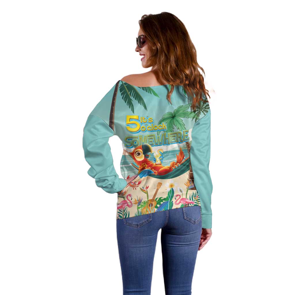 Aloha Hawaii It's 5 o'clock Somewhere Off Shoulder Sweater Chill Parrot on Beach with Tropical Plants - Polynesian Pride