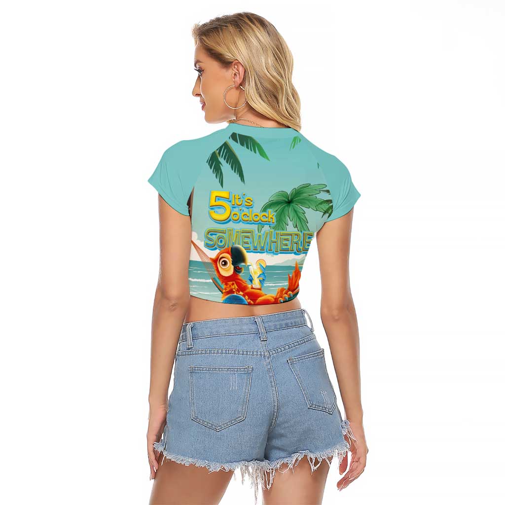 Aloha Hawaii It's 5 o'clock Somewhere Raglan Cropped T Shirt Chill Parrot on Beach with Tropical Plants LT03 - Polynesian Pride