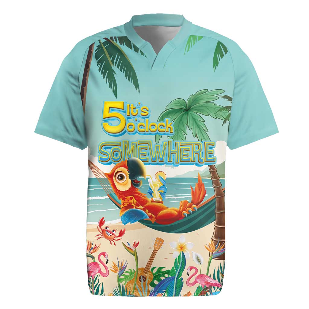 Aloha Hawaii It's 5 o'clock Somewhere Rugby Jersey Chill Parrot on Beach with Tropical Plants - Polynesian Pride
