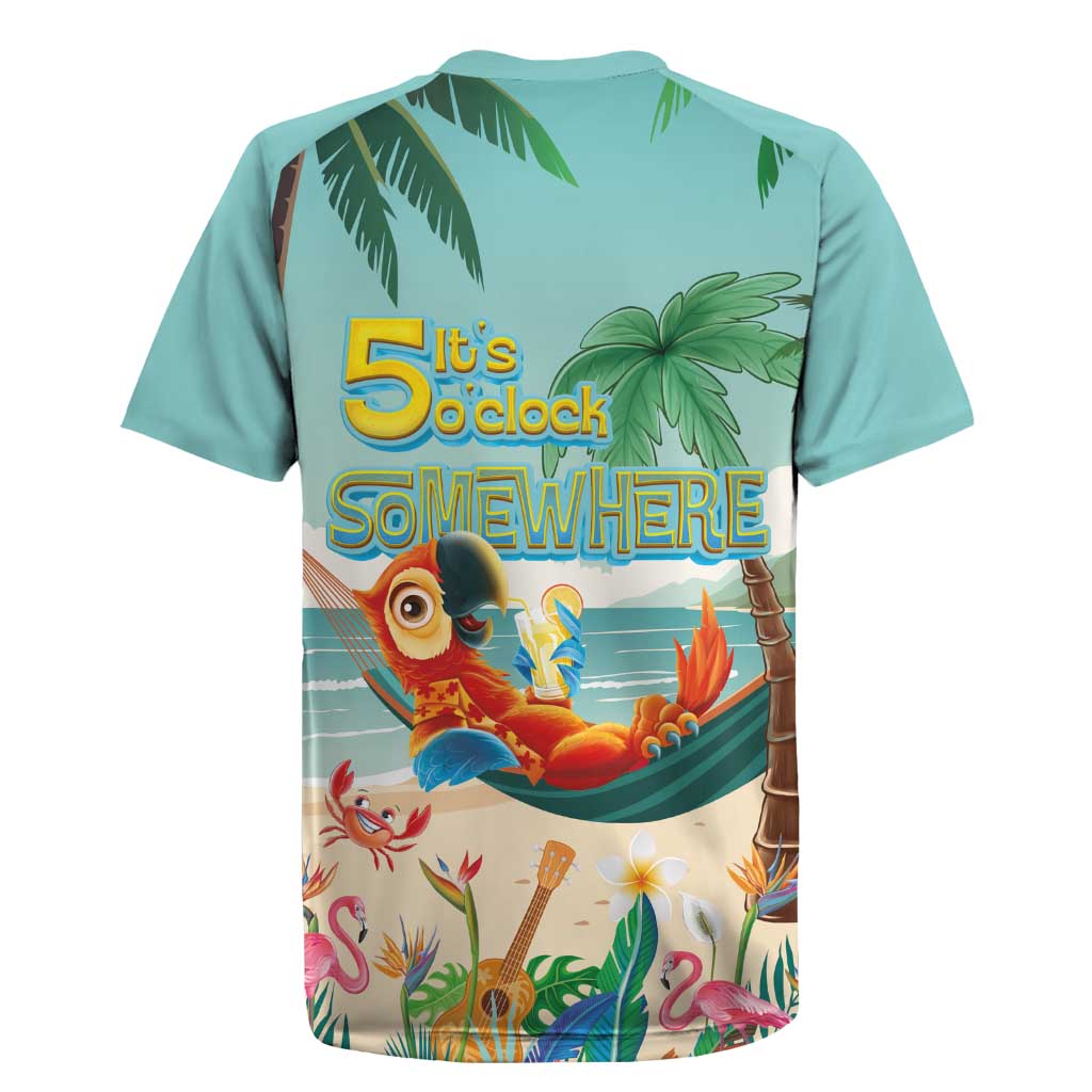 Aloha Hawaii It's 5 o'clock Somewhere Rugby Jersey Chill Parrot on Beach with Tropical Plants - Polynesian Pride