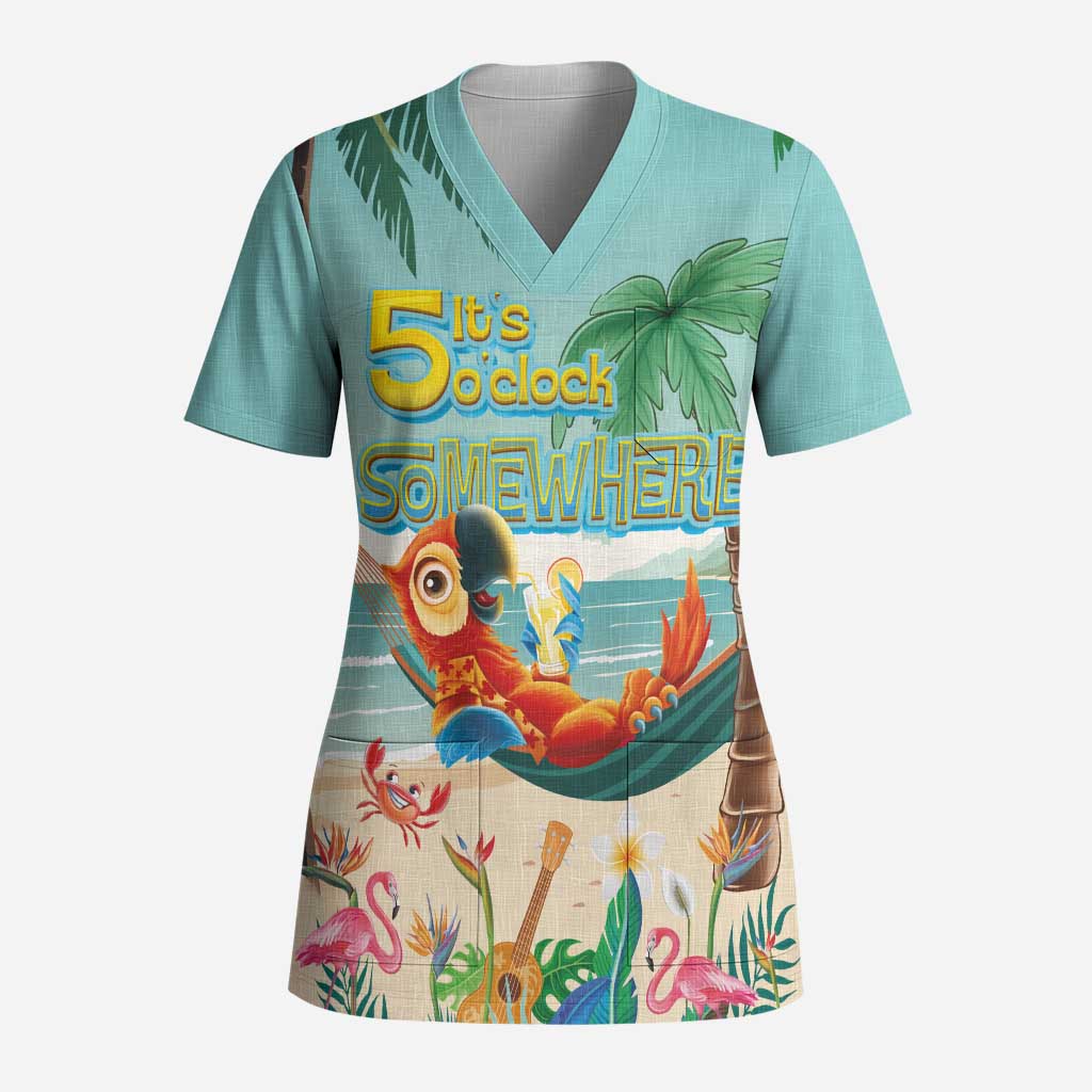 Aloha Hawaii It's 5 o'clock Somewhere Scrub Top Chill Parrot on Beach with Tropical Plants LT03 Adult Multicolor - Polynesian Pride