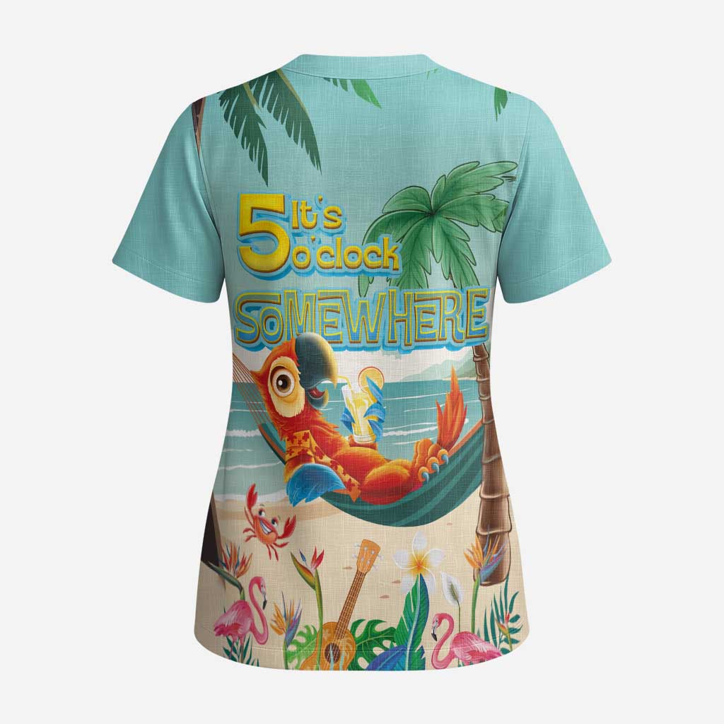 Aloha Hawaii It's 5 o'clock Somewhere Scrub Top Chill Parrot on Beach with Tropical Plants LT03 - Polynesian Pride