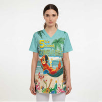 Aloha Hawaii It's 5 o'clock Somewhere Scrub Top Chill Parrot on Beach with Tropical Plants LT03 - Polynesian Pride