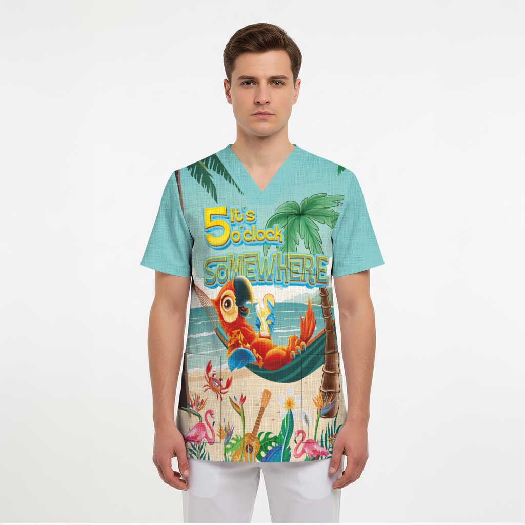 Aloha Hawaii It's 5 o'clock Somewhere Scrub Top Chill Parrot on Beach with Tropical Plants LT03 - Polynesian Pride