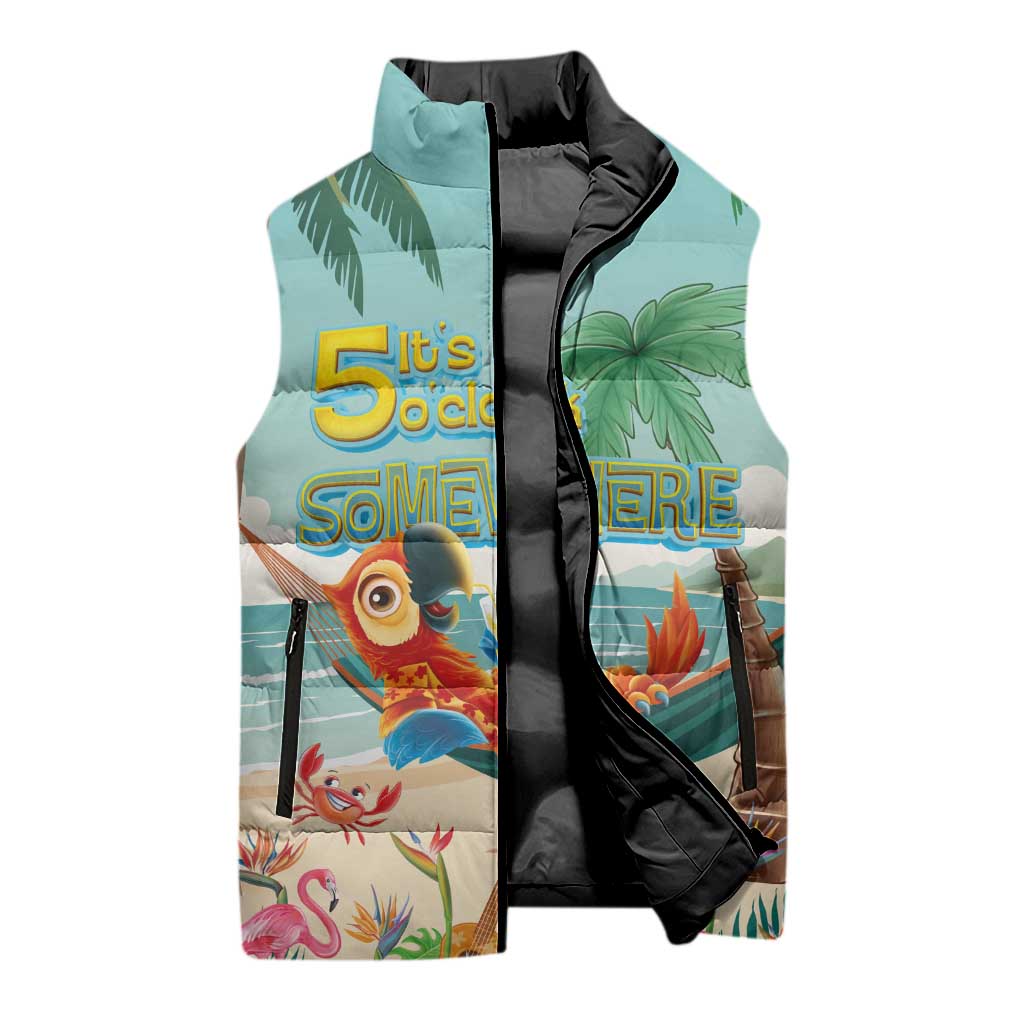 Aloha Hawaii It's 5 o'clock Somewhere Sleeveless Puffer Jacket Chill Parrot on Beach with Tropical Plants LT03 - Polynesian Pride