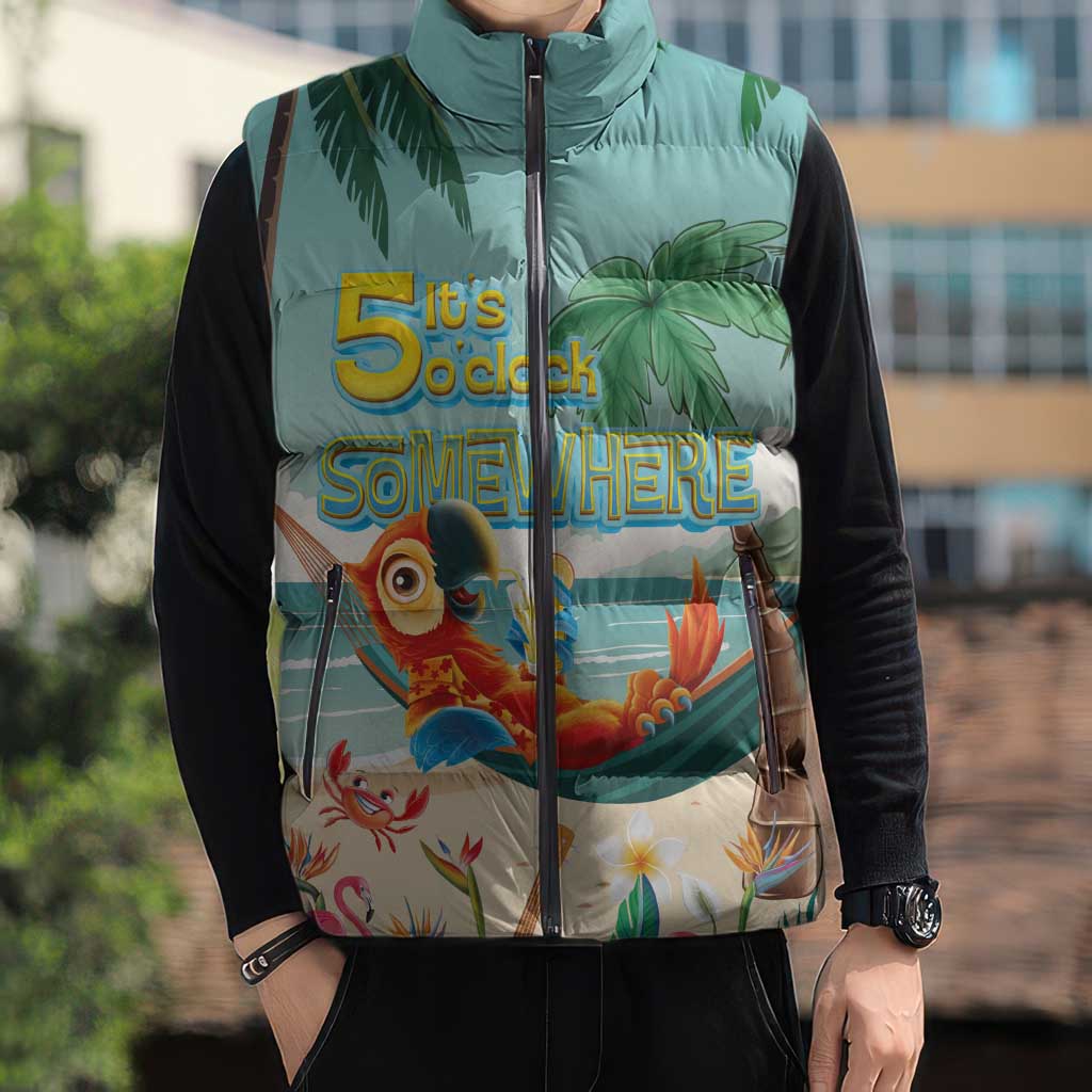 Aloha Hawaii It's 5 o'clock Somewhere Sleeveless Puffer Jacket Chill Parrot on Beach with Tropical Plants LT03 - Polynesian Pride