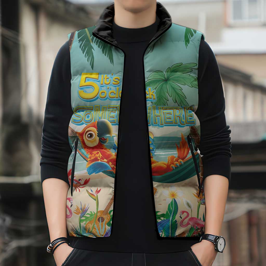 Aloha Hawaii It's 5 o'clock Somewhere Sleeveless Puffer Jacket Chill Parrot on Beach with Tropical Plants LT03 - Polynesian Pride