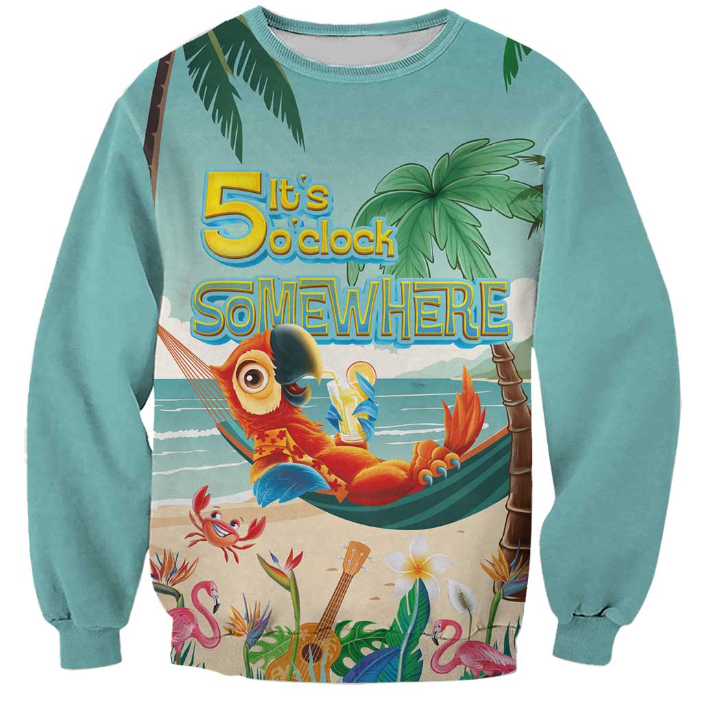 Aloha Hawaii It's 5 o'clock Somewhere Sweatshirt Chill Parrot on Beach with Tropical Plants LT03 Unisex Multicolor - Polynesian Pride